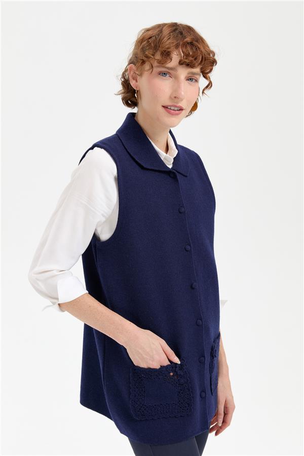 Kadın Polo Yaka Düğmeli Kısa Yün Yelek Y.A Lacivert