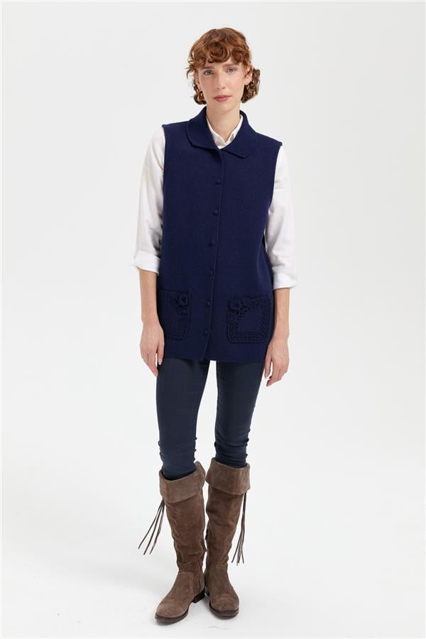 Kadın Polo Yaka Düğmeli Kısa Yün Yelek Y.A Lacivert