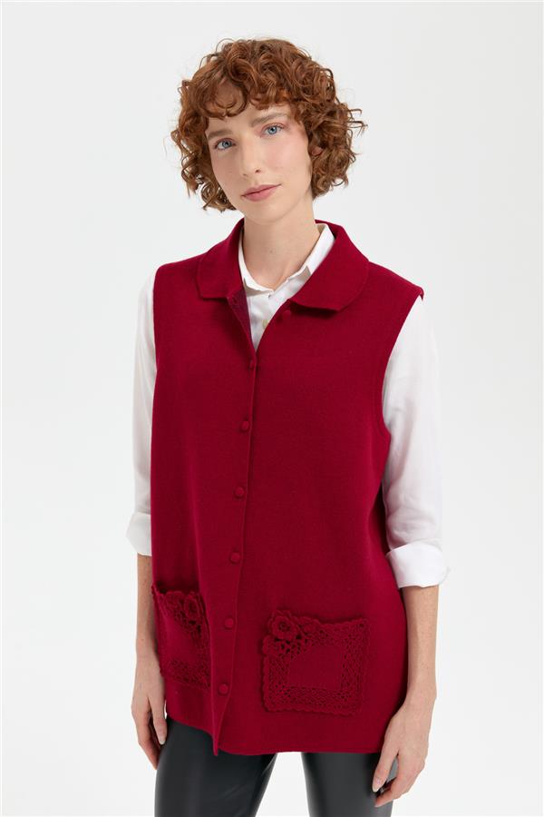 Kadın Polo Yaka Düğmeli Kısa Yün Yelek V.Çürüğü