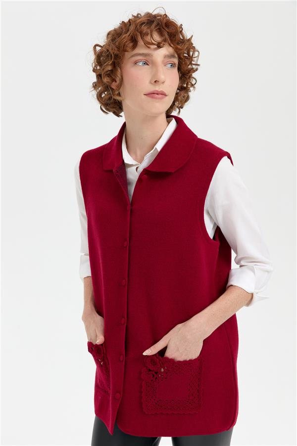 Kadın Polo Yaka Düğmeli Kısa Yün Yelek V.Çürüğü