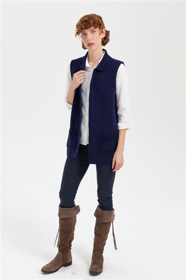 Kadın Polo Yaka Düğmeli Kısa Yün Yelek Y.A Lacivert