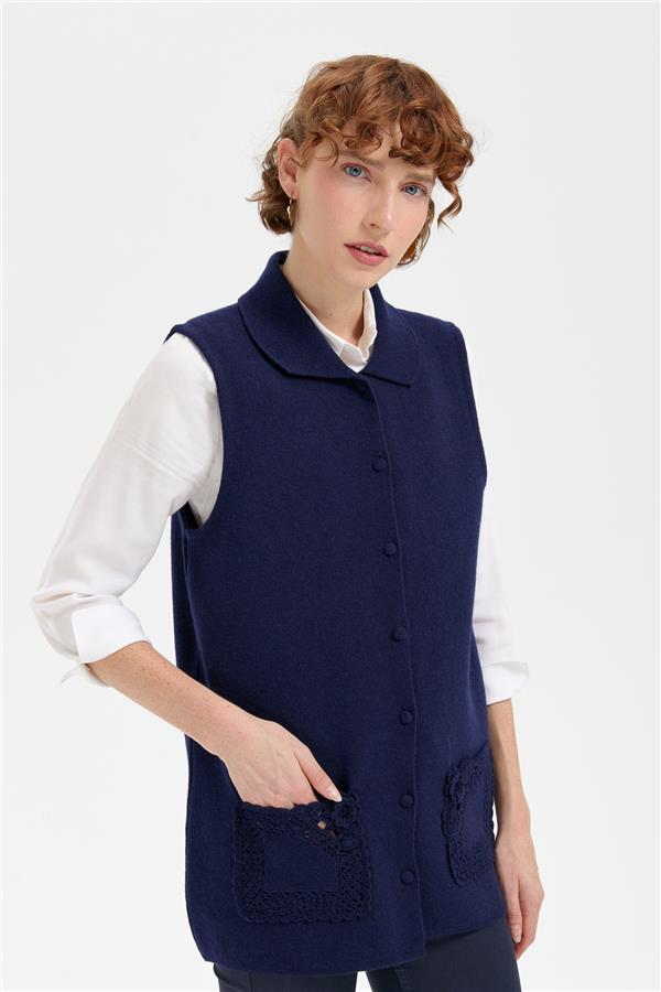Kadın Polo Yaka Düğmeli Kısa Yün Yelek Y.A Lacivert