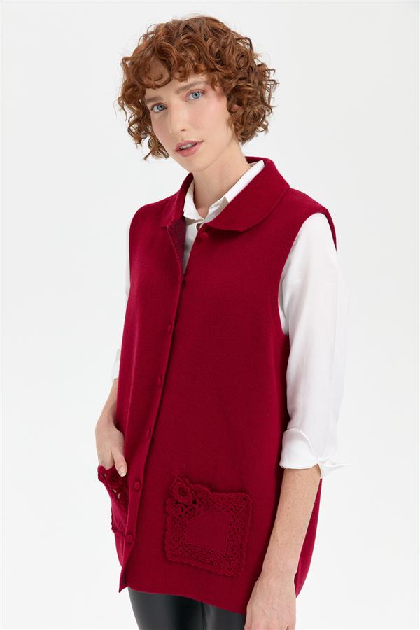 Kadın Polo Yaka Düğmeli Kısa Yün Yelek V.Çürüğü