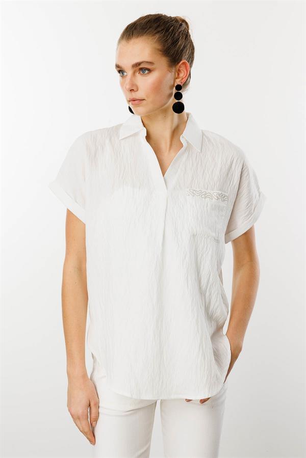 Kadın Polo Yaka Düşük Kol Gömlek Ekru