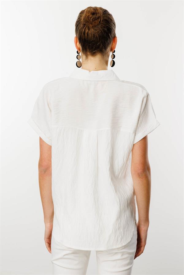 Kadın Polo Yaka Düşük Kol Gömlek Ekru