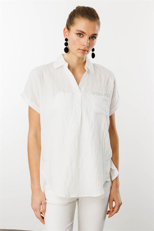 Kadın Polo Yaka Düşük Kol Gömlek Ekru