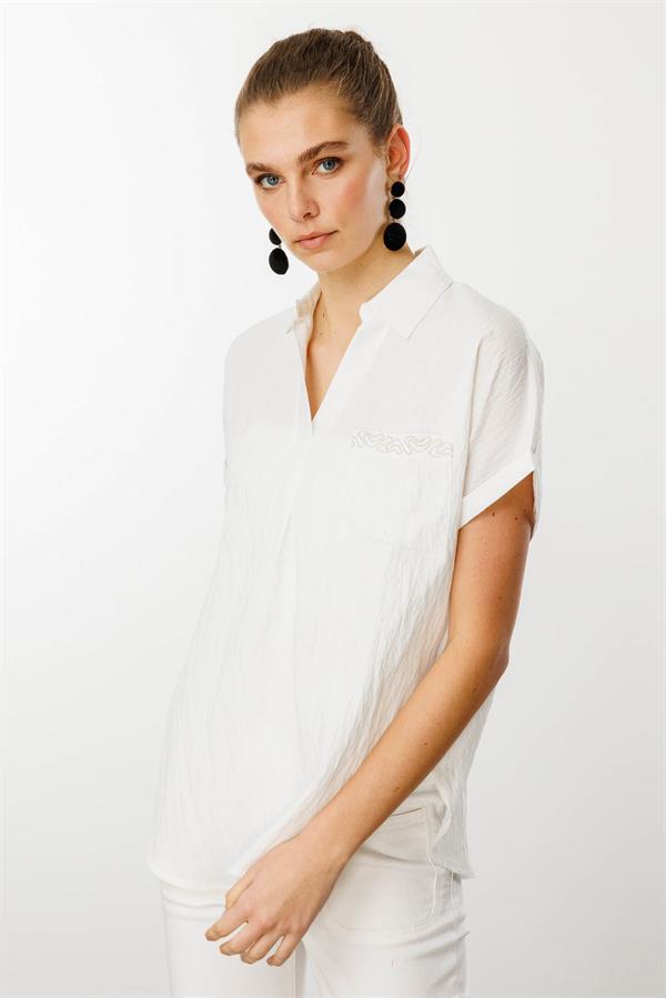 Kadın Polo Yaka Düşük Kol Gömlek Ekru