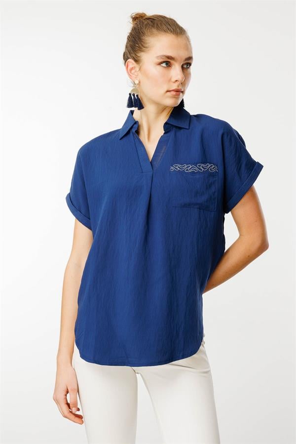 Kadın Polo Yaka Düşük Kol Gömlek Lacivert