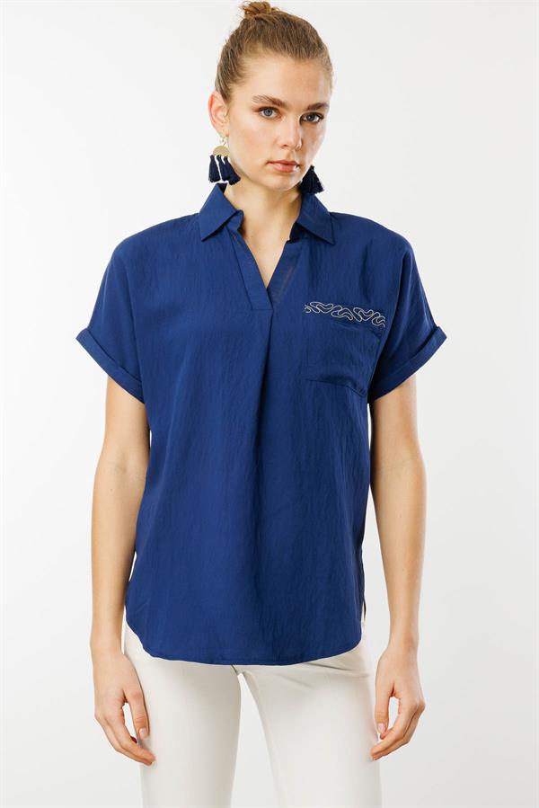 Kadın Polo Yaka Düşük Kol Gömlek Lacivert