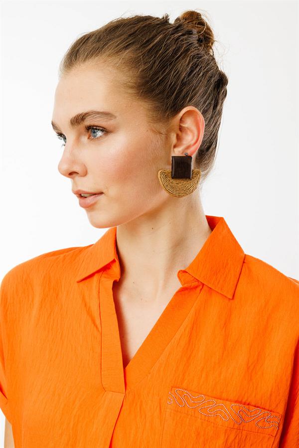 Kadın Polo Yaka Düşük Kol Gömlek Oranj