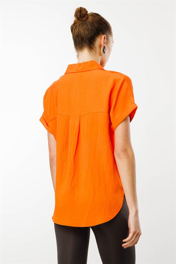 Kadın Polo Yaka Düşük Kol Gömlek Oranj