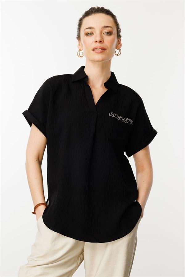 Kadın Polo Yaka Düşük Kol Gömlek Siyah