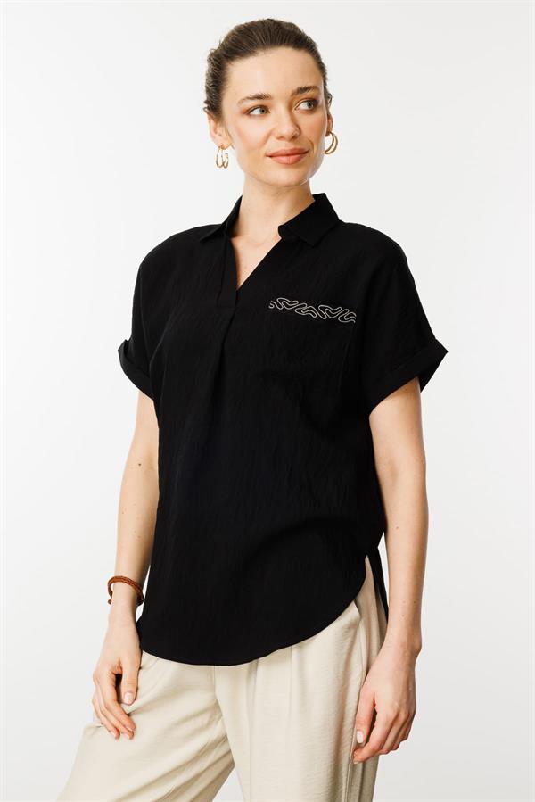 Kadın Polo Yaka Düşük Kol Gömlek Siyah