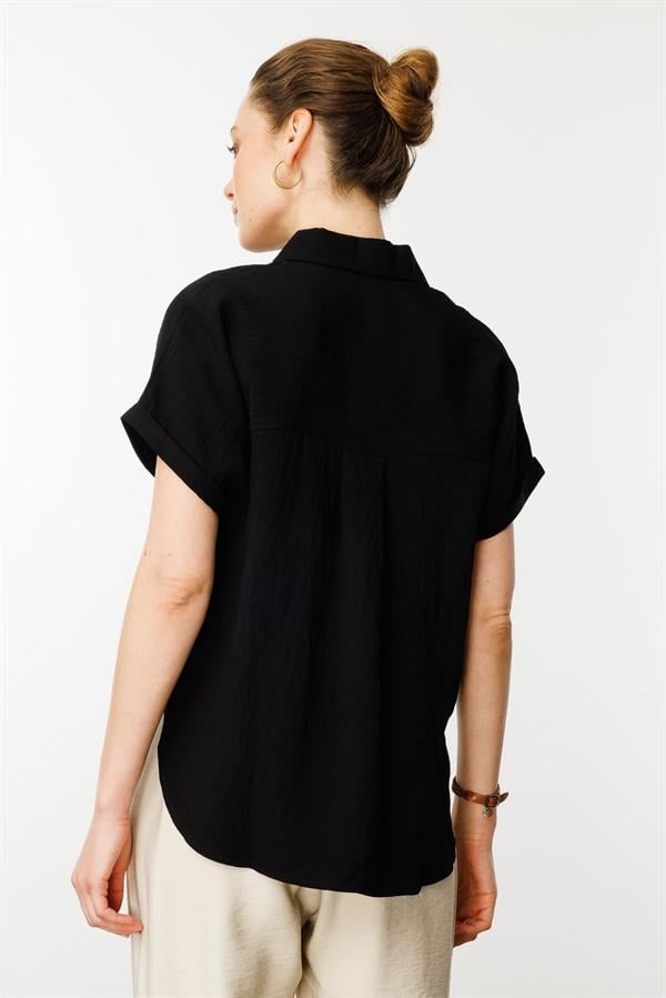Kadın Polo Yaka Düşük Kol Gömlek Siyah