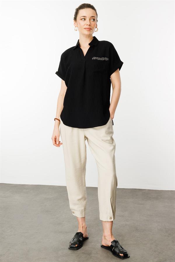 Kadın Polo Yaka Düşük Kol Gömlek Siyah