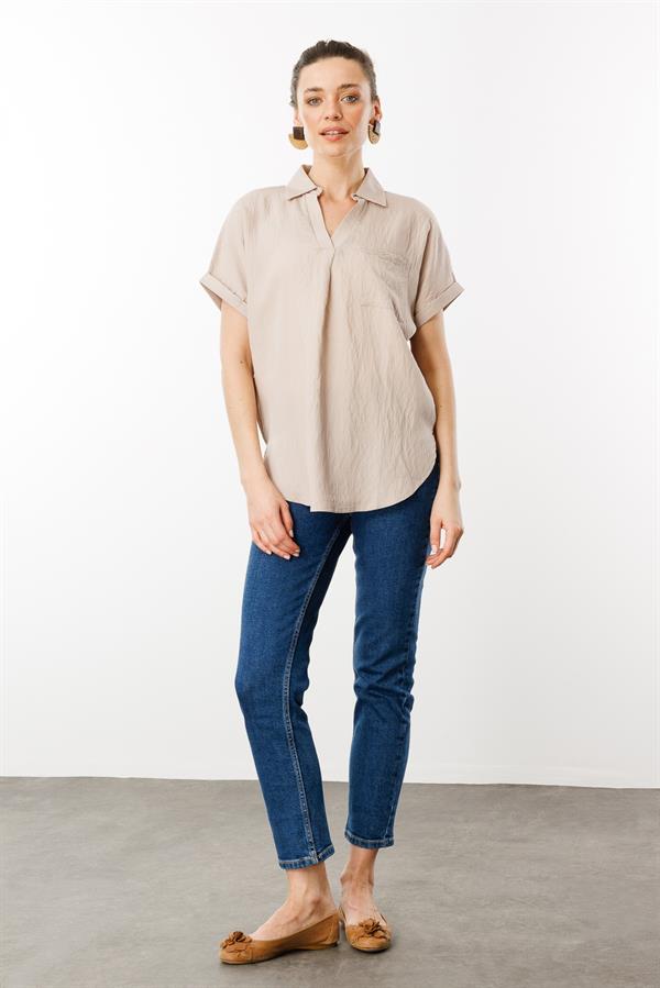 Kadın Polo Yaka Düşük Kol Gömlek Vizon