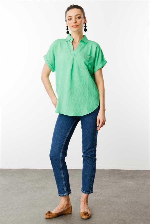 Kadın Polo Yaka Düşük Kol Gömlek Yeşil