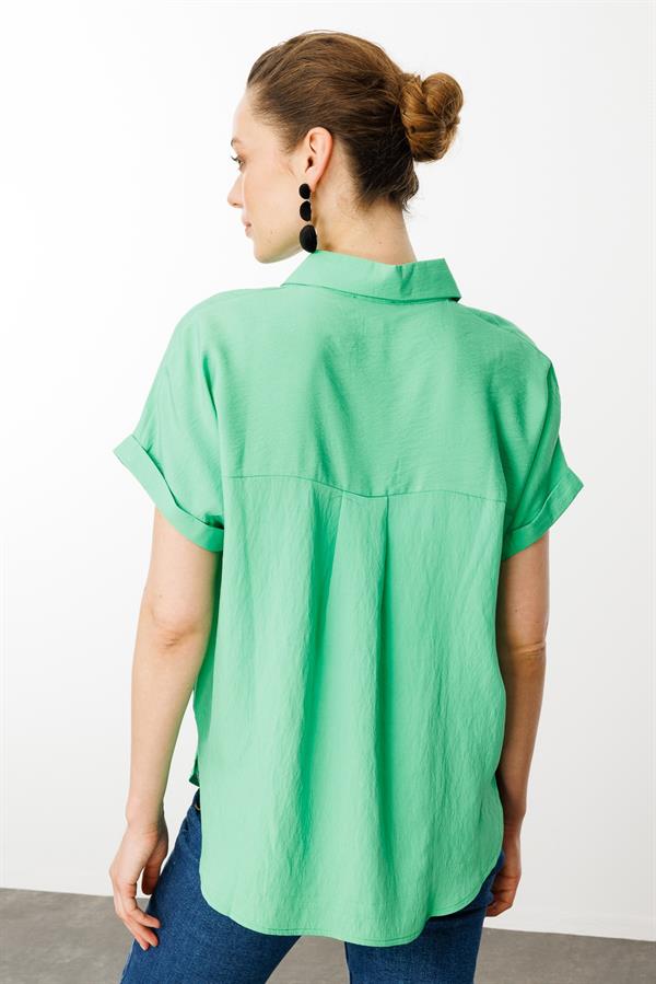 Kadın Polo Yaka Düşük Kol Gömlek Yeşil