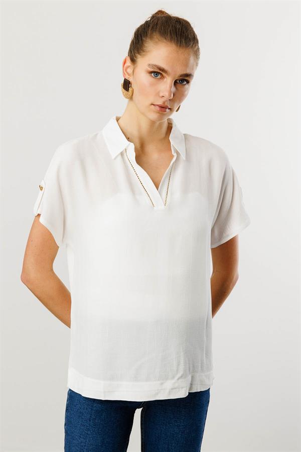 Kadın Polo Yaka Düşük Kollu Gömlek Ekru