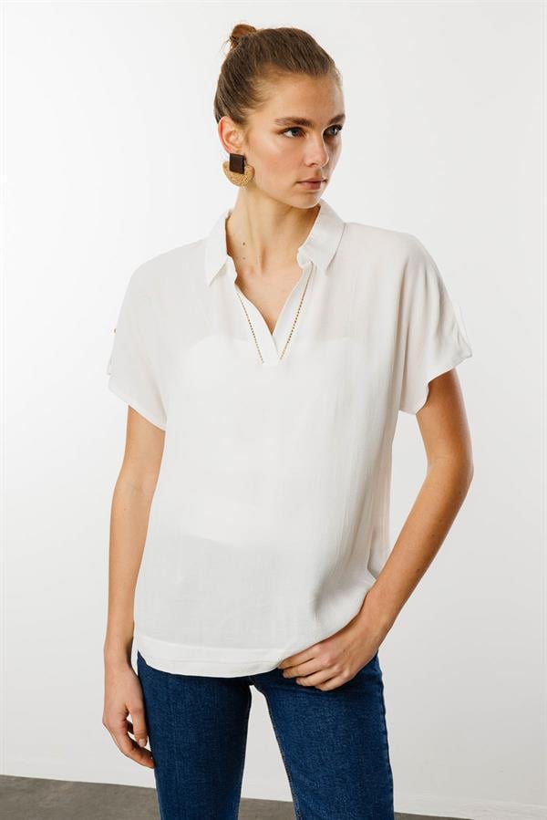 Kadın Polo Yaka Düşük Kollu Gömlek Ekru