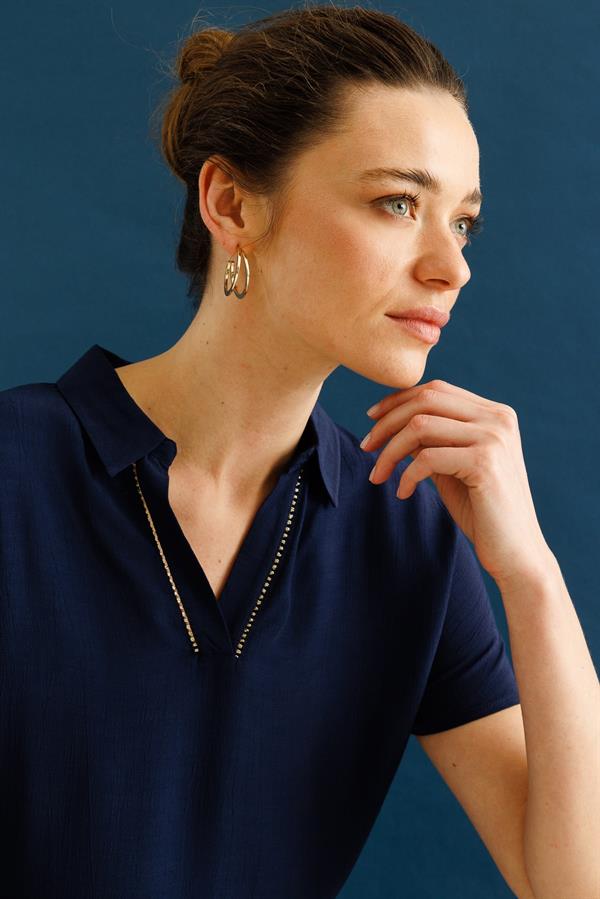 Kadın Polo Yaka Düşük Kollu Gömlek Lacivert