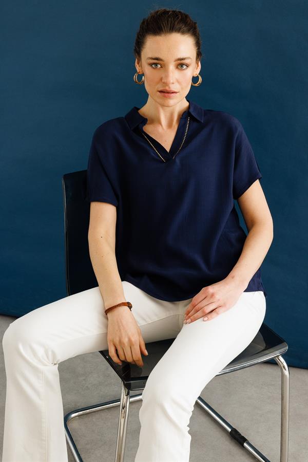 Kadın Polo Yaka Düşük Kollu Gömlek Lacivert