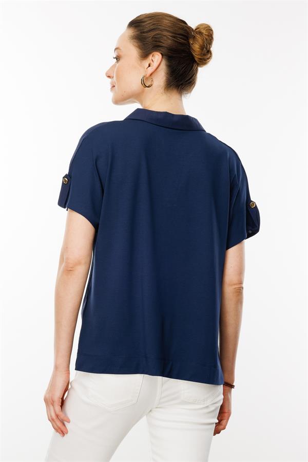 Kadın Polo Yaka Düşük Kollu Gömlek Lacivert