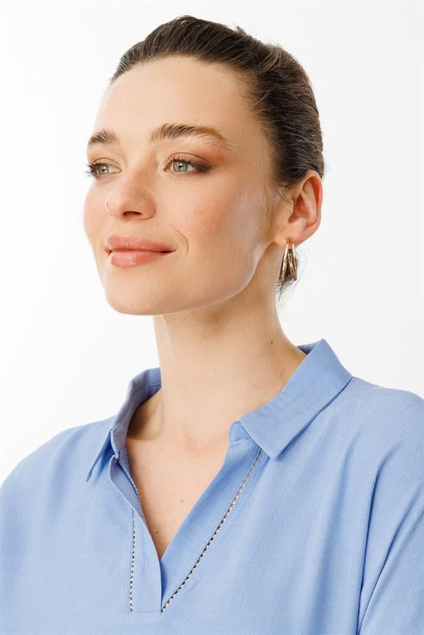 Kadın Polo Yaka Düşük Kollu Gömlek Mavi