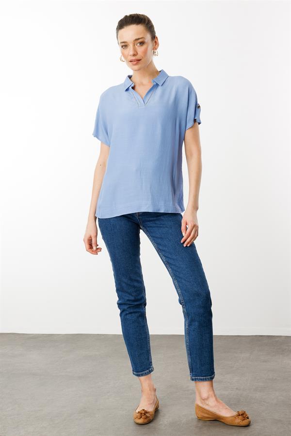 Kadın Polo Yaka Düşük Kollu Gömlek Mavi