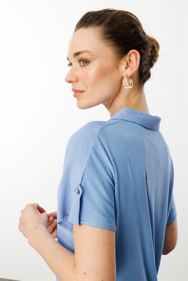 Kadın Polo Yaka Düşük Kollu Gömlek Mavi