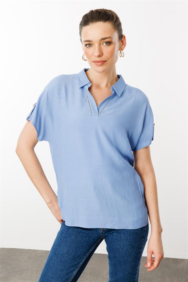 Kadın Polo Yaka Düşük Kollu Gömlek Mavi