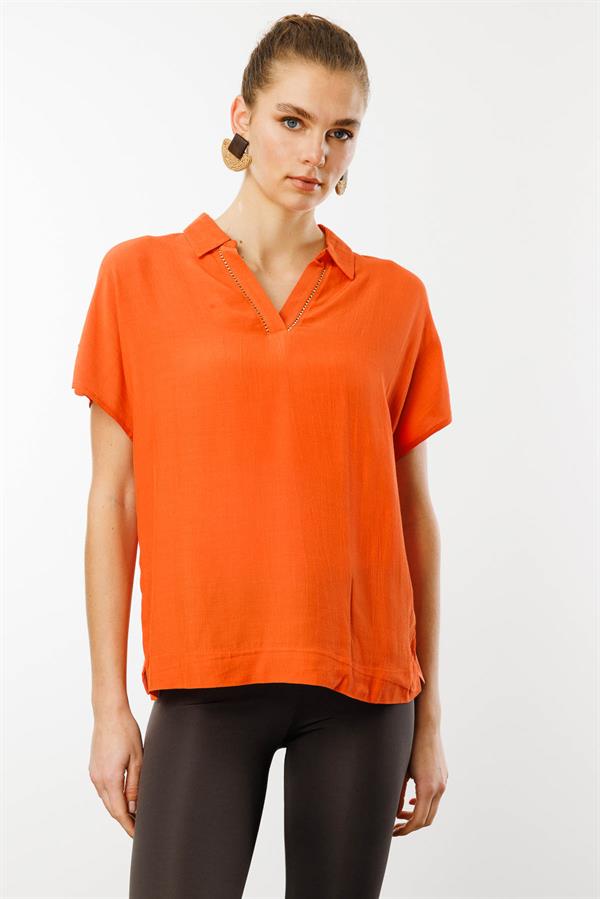 Kadın Polo Yaka Düşük Kollu Gömlek Oranj