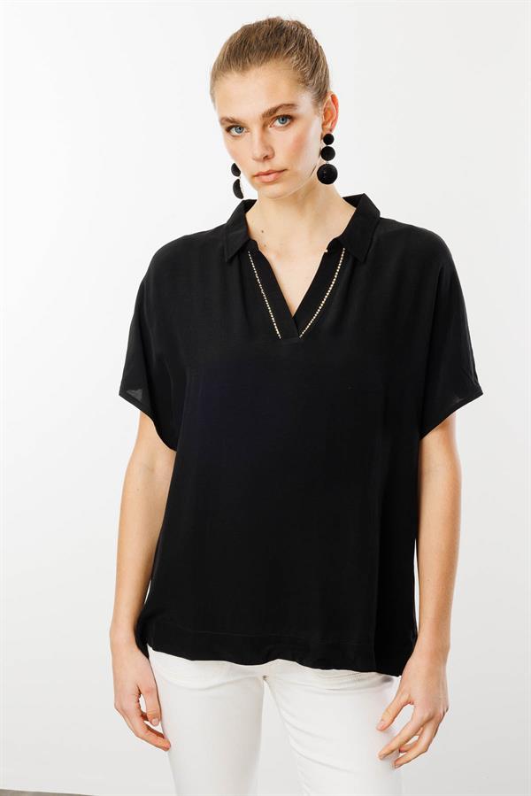 Kadın Polo Yaka Düşük Kollu Gömlek Siyah