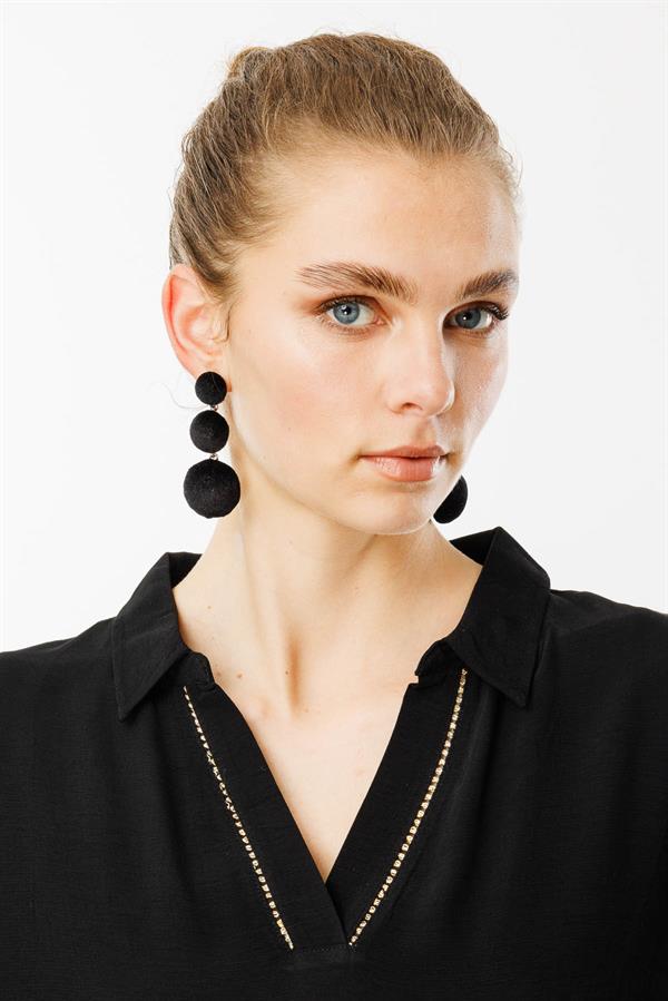 Kadın Polo Yaka Düşük Kollu Gömlek Siyah