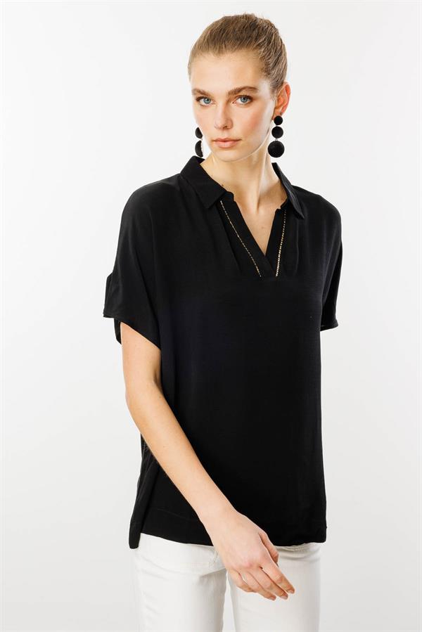 Kadın Polo Yaka Düşük Kollu Gömlek Siyah