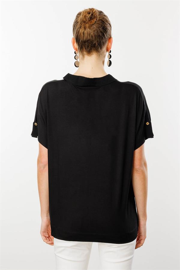 Kadın Polo Yaka Düşük Kollu Gömlek Siyah