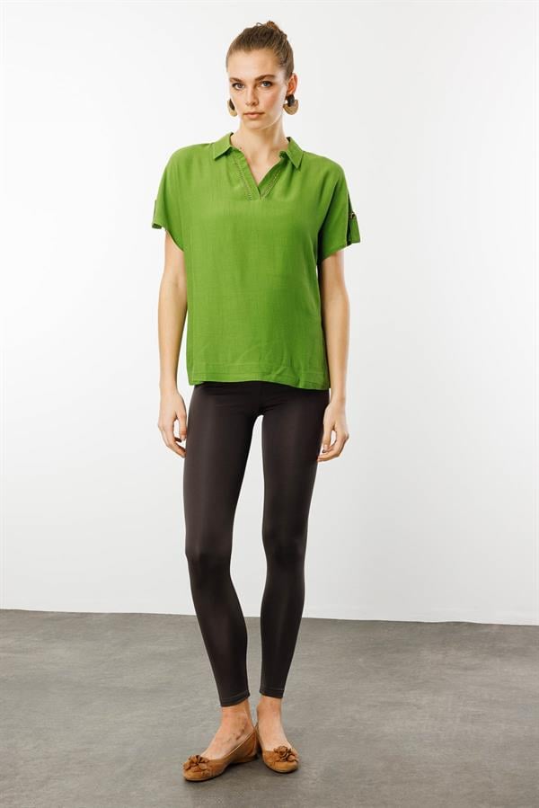 Kadın Polo Yaka Düşük Kollu Gömlek Yeşil