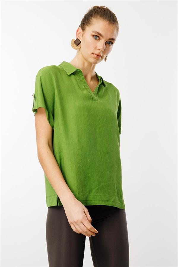 Kadın Polo Yaka Düşük Kollu Gömlek Yeşil