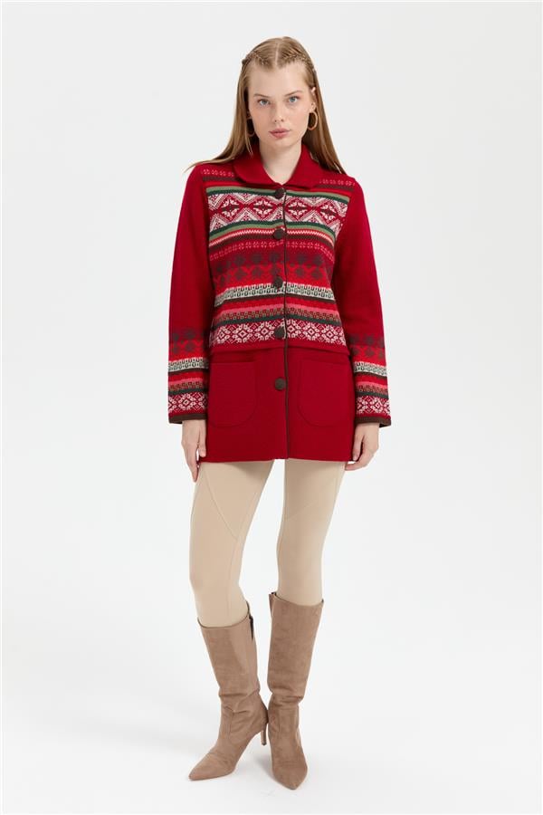 Kadın Polo Yaka Eteği Keçeli Araboy Yün Kaban K.Kırmızı