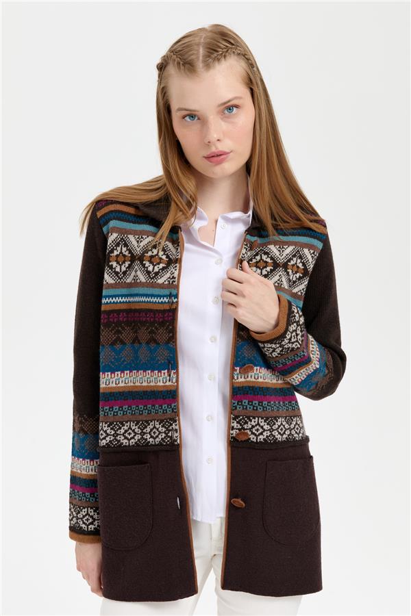 Kadın Polo Yaka Eteği Keçeli Araboy Yün Kaban K.Kahve