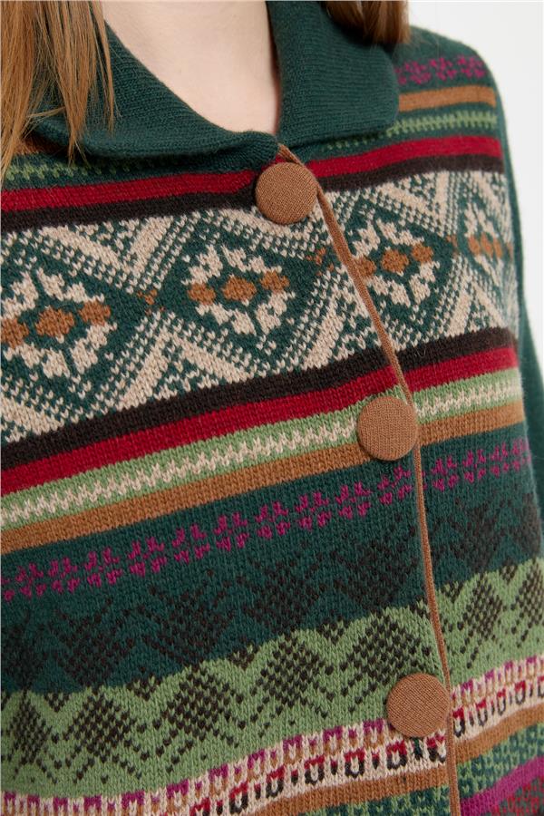 Kadın Polo Yaka Eteği Keçeli Araboy Yün Kaban Yeşil