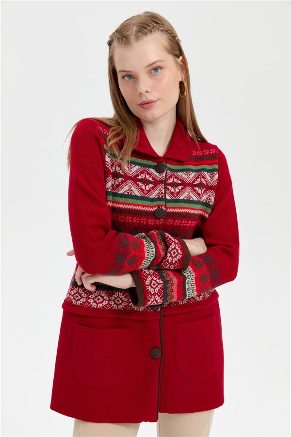 Kadın Polo Yaka Eteği Keçeli Araboy Yün Kaban K.Kırmızı