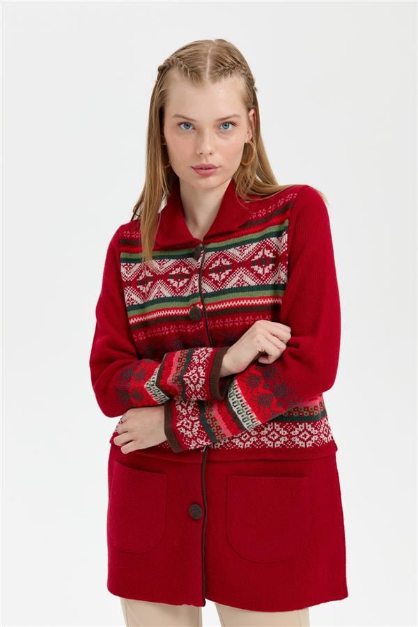 Kadın Polo Yaka Eteği Keçeli Araboy Yün Kaban K.Kırmızı
