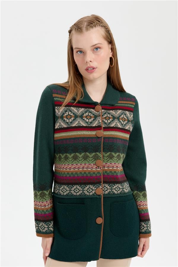 Kadın Polo Yaka Eteği Keçeli Araboy Yün Kaban Yeşil