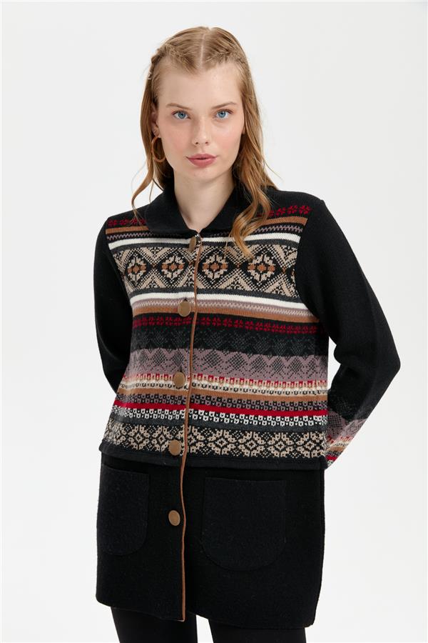 Kadın Polo Yaka Eteği Keçeli Araboy Yün Kaban Siyah