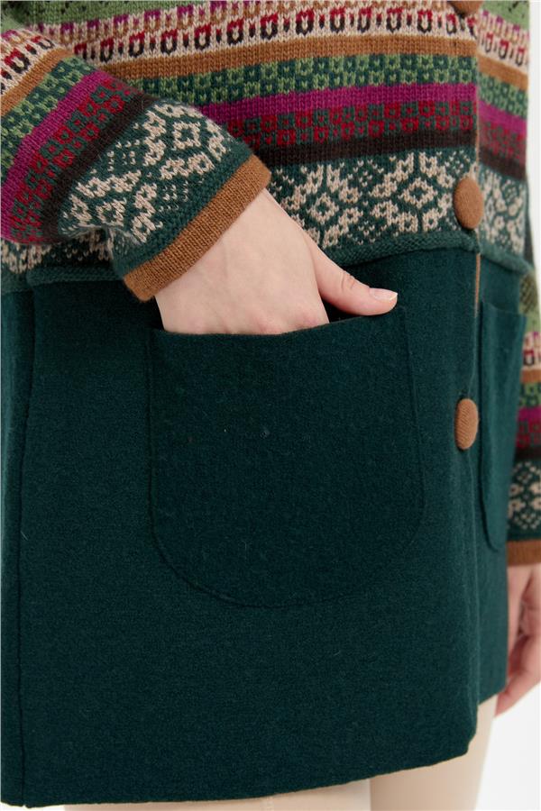 Kadın Polo Yaka Eteği Keçeli Araboy Yün Kaban Yeşil