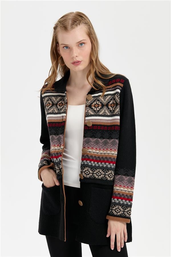 Kadın Polo Yaka Eteği Keçeli Araboy Yün Kaban Siyah