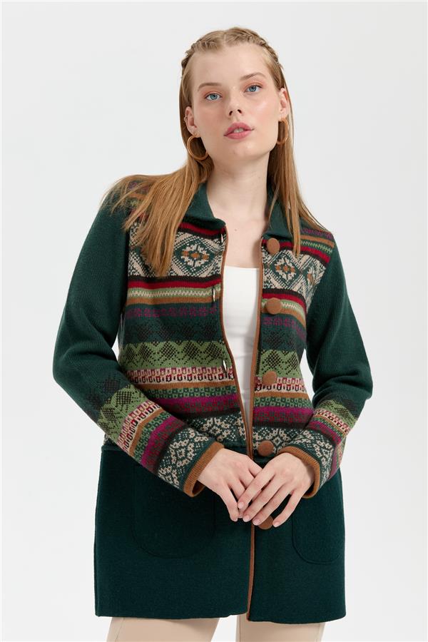 Kadın Polo Yaka Eteği Keçeli Araboy Yün Kaban Yeşil