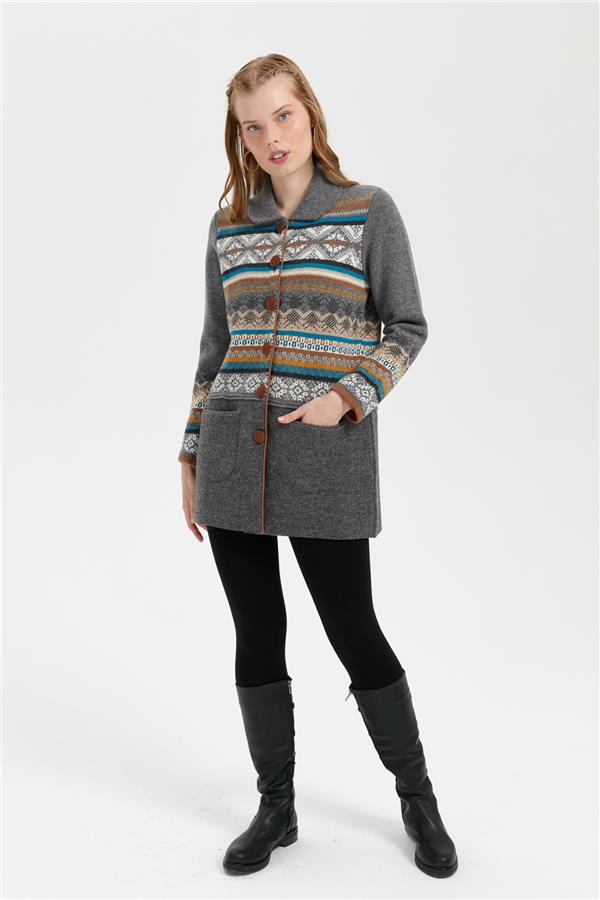 Kadın Polo Yaka Eteği Keçeli Araboy Yün Kaban Füme