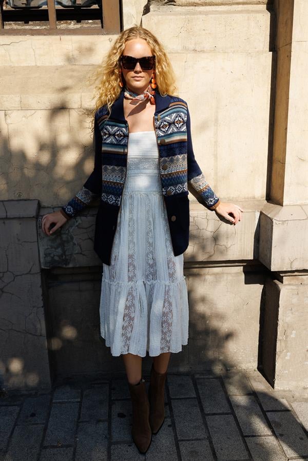 Kadın Polo Yaka Eteği Keçeli Araboy Yün Kaban Y.A Lacivert